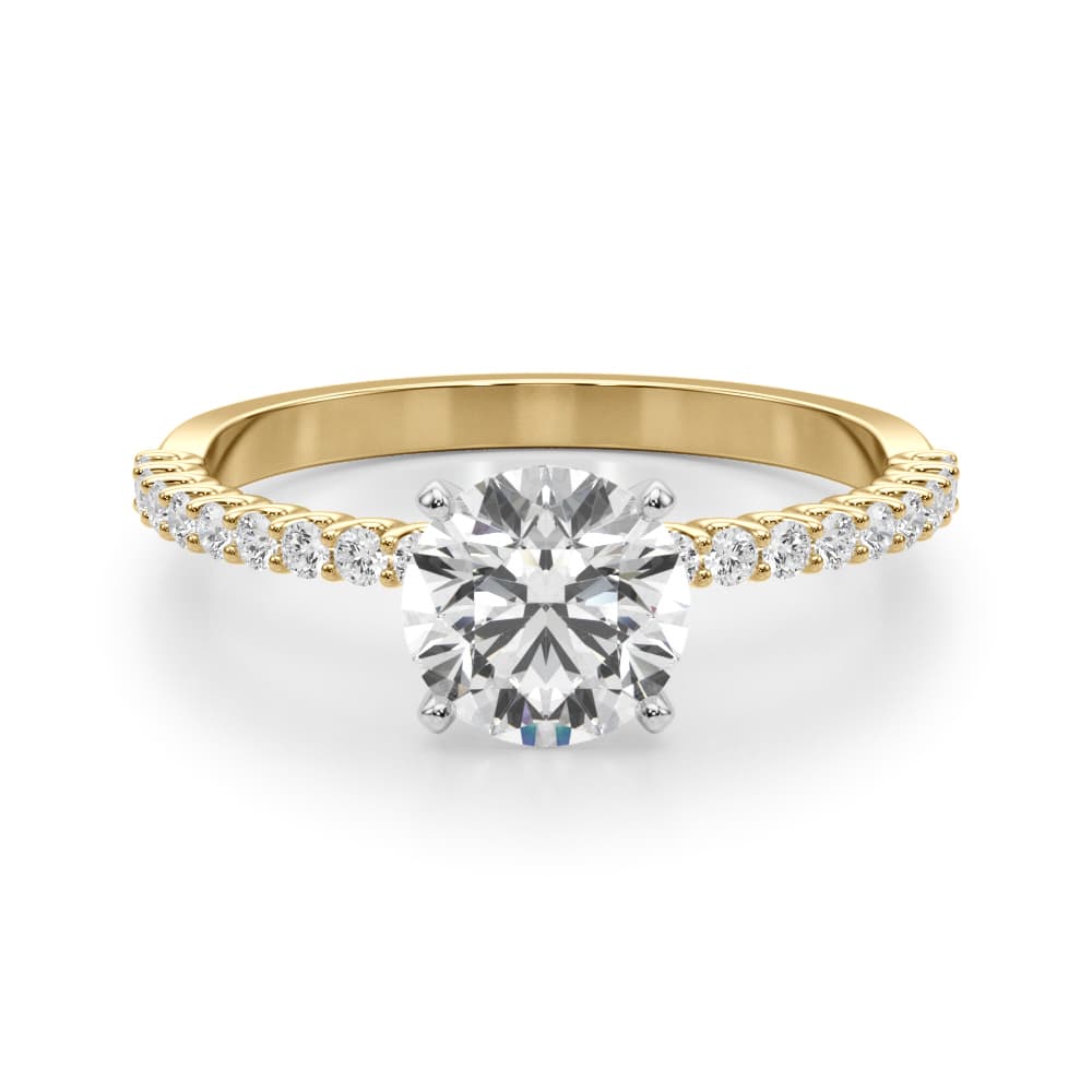 Single Row Shared Prong Engagement Ring, style 51228, Angle view in yellow gold