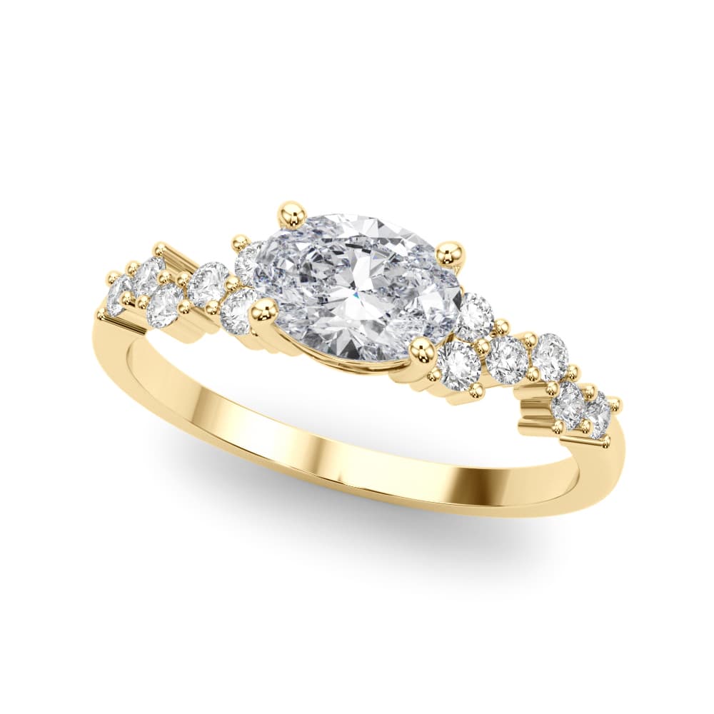 East West Oval Scattered Diamond Engagement Ring, style 51232, Front view in yellow gold