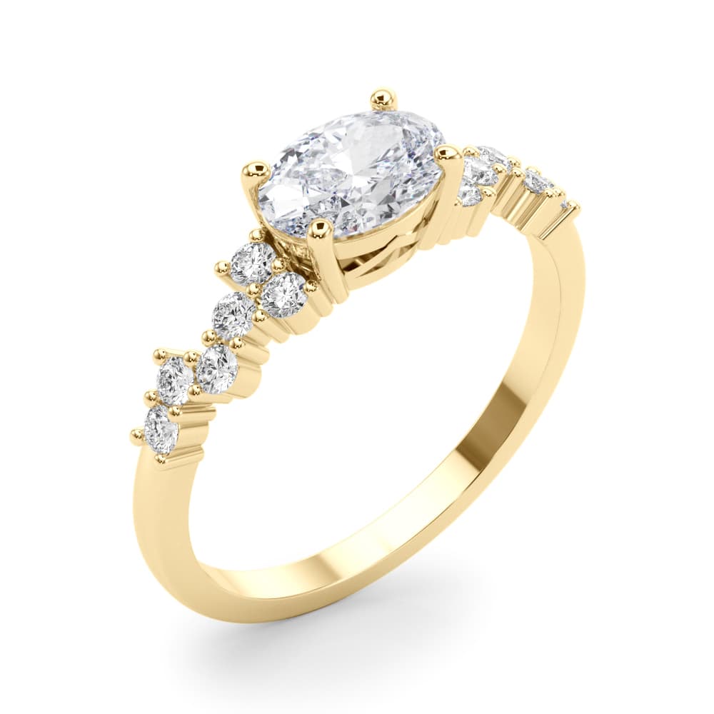 East West Oval Scattered Diamond Engagement Ring, style 51232, Angle view in yellow gold