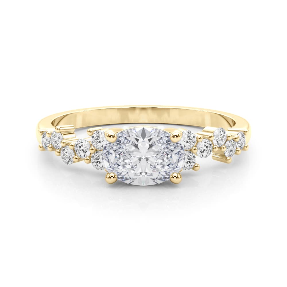 East West Oval Scattered Diamond Engagement Ring, style 51232, On hand view in yellow gold