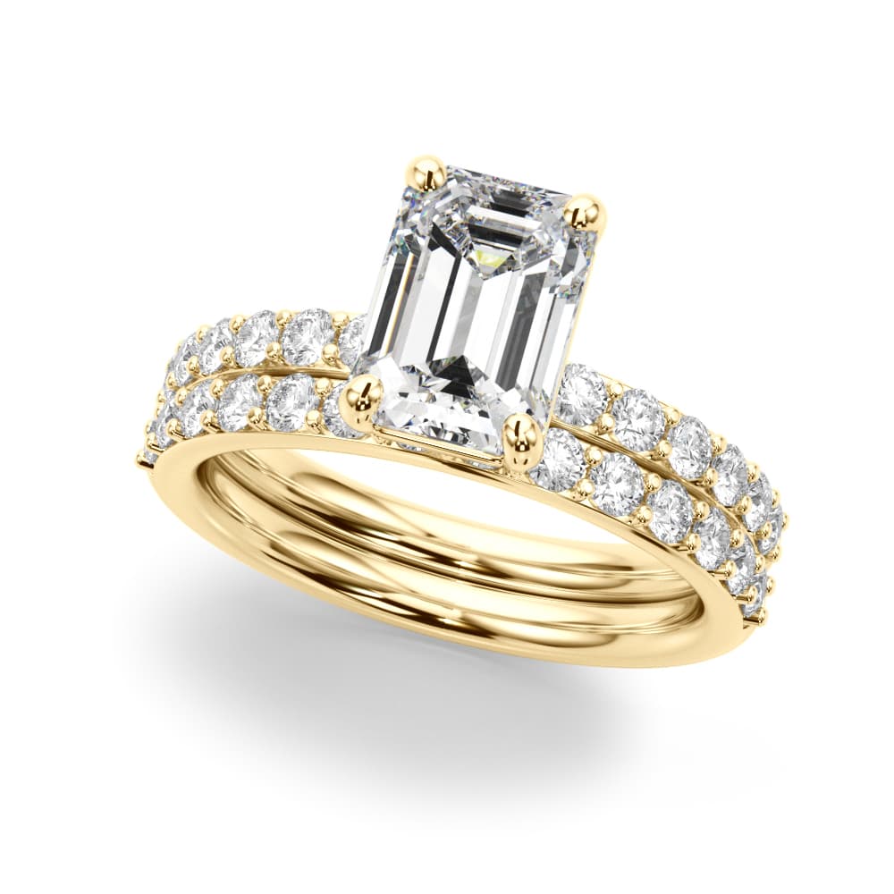 Single Row Emerald Cut Engagement Ring, style 51274, On hand view in yellow gold