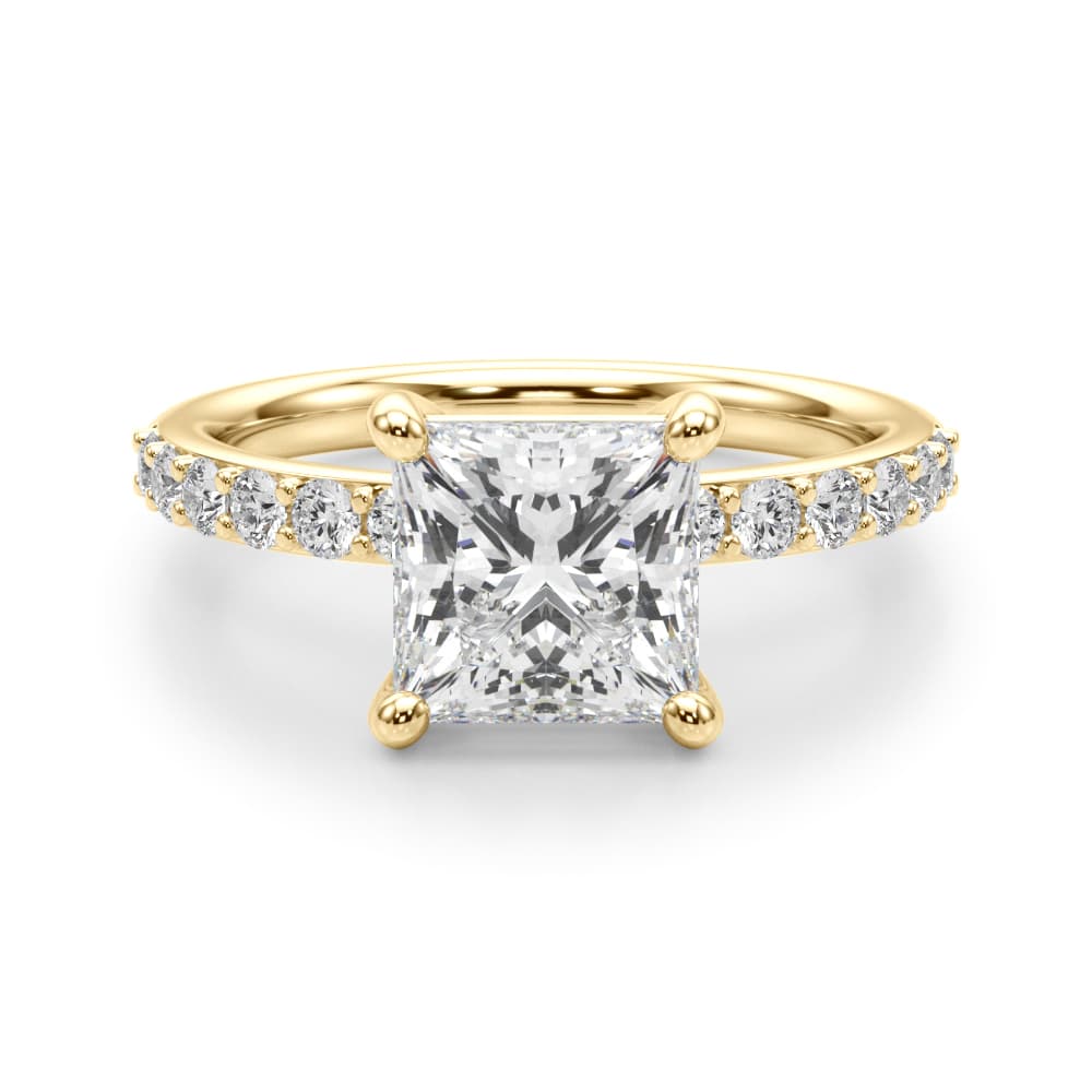 Single Row Princess Cut Engagement Ring, style 51278, Angle view in yellow gold