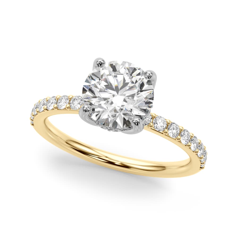 Single Row Hidden Halo Round Engagement Ring in Yellow gold