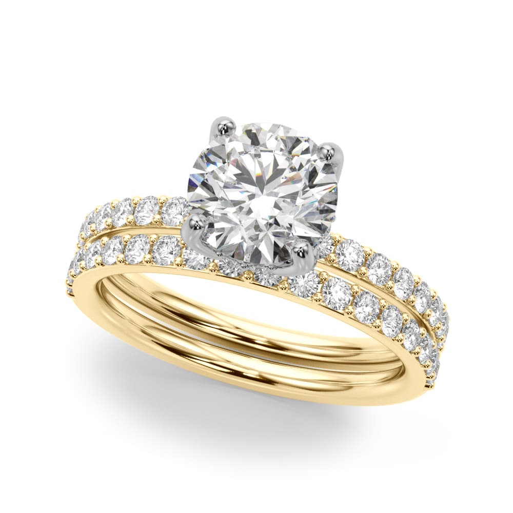 Single Row Hidden Halo Round Engagement Ring, style 51283, On hand view in yellow gold