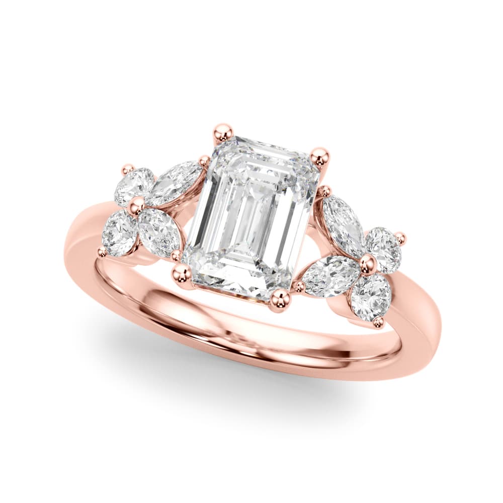 Contemporary Floral Emerald Cut Engagement Ring, style 51286, Front view in rose gold