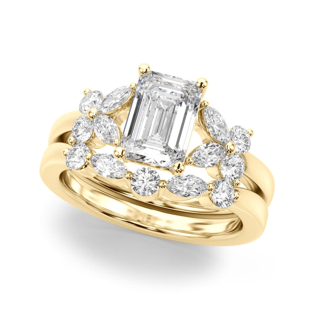 Contemporary Floral Emerald Cut Engagement Ring, style 51286, Angle view in yellow gold