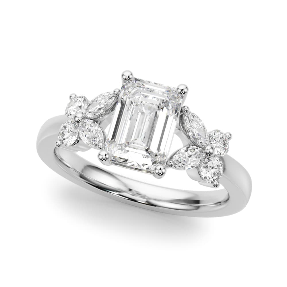 Contemporary Floral Emerald Cut Engagement Ring — style 51286 in 10k White Gold