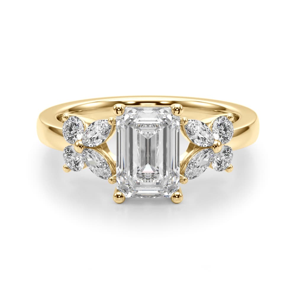 Contemporary Floral Emerald Cut Engagement Ring, style 51286, On hand view in yellow gold