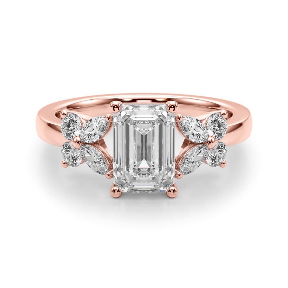 Contemporary Floral Emerald Cut Engagement Ring, style 51286, On hand view in rose gold