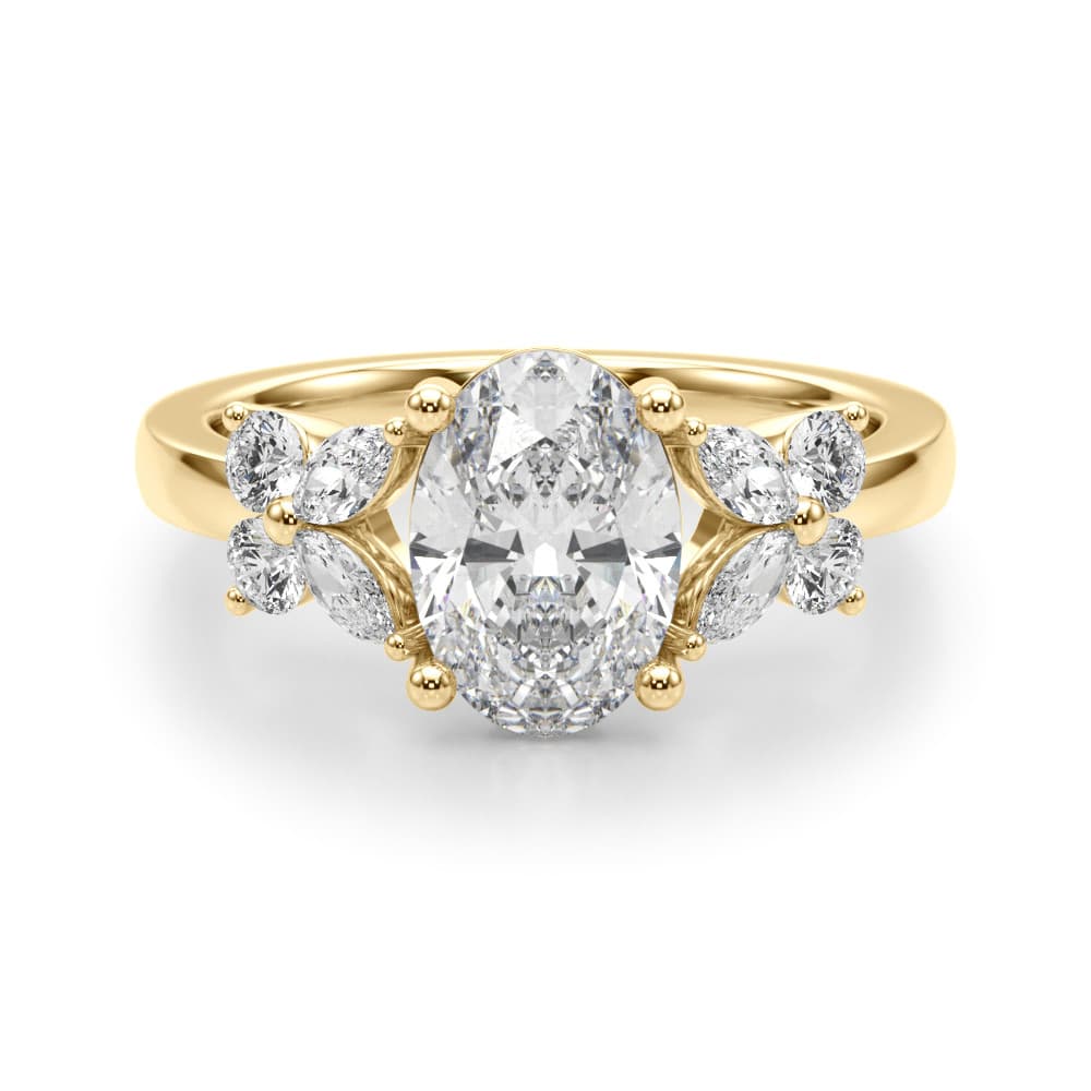 Floral Oval Engagement Ring, style 51287, Angle view in yellow gold