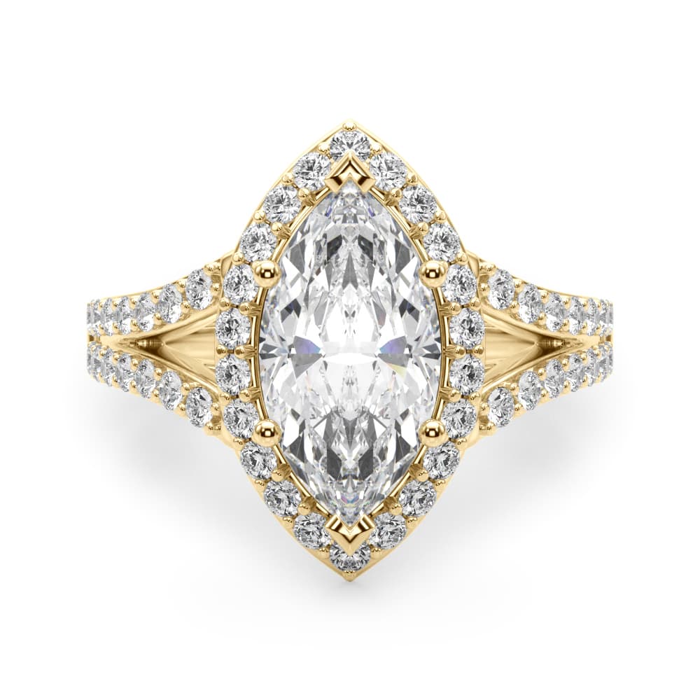 Split Shank Marquise Halo Engagement Ring, style 51289, Angle view in yellow gold