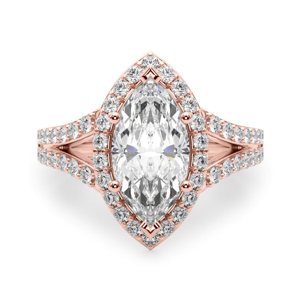 Split Shank Marquise Halo Engagement Ring, style 51289, Angle view in rose gold