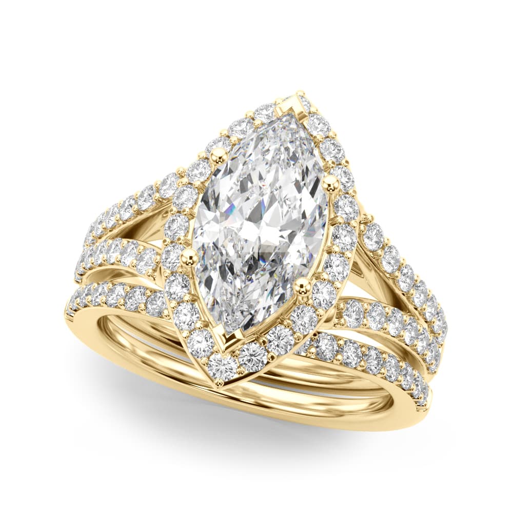 Split Shank Marquise Halo Engagement Ring, style 51289, On hand view in yellow gold
