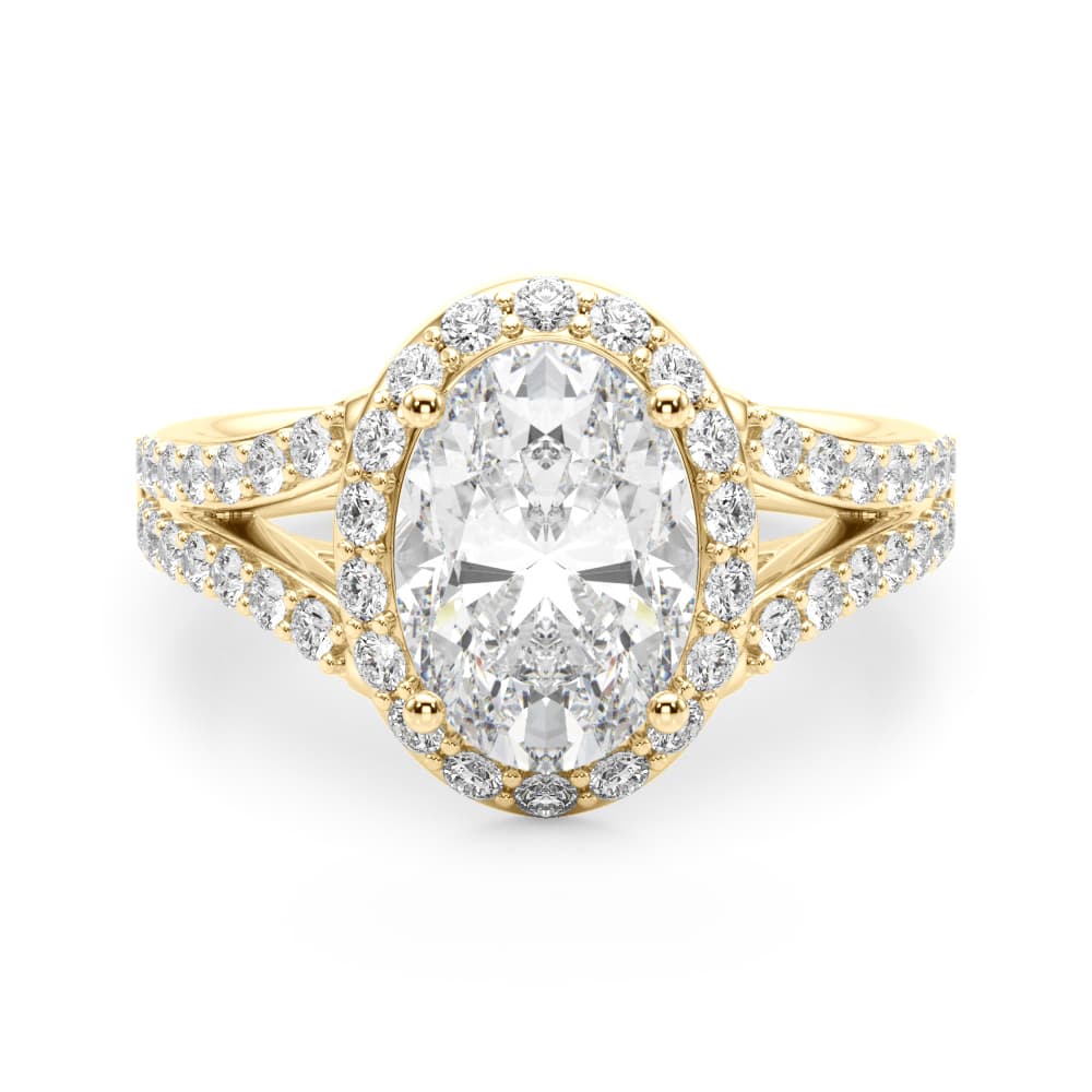 Split Shank Oval Halo Engagement Ring, style 51290, Angle view in yellow gold