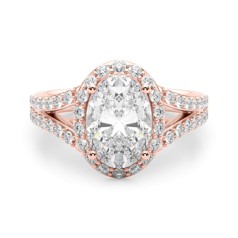 Split Shank Oval Halo Engagement Ring, style 51290, Angle view in rose gold