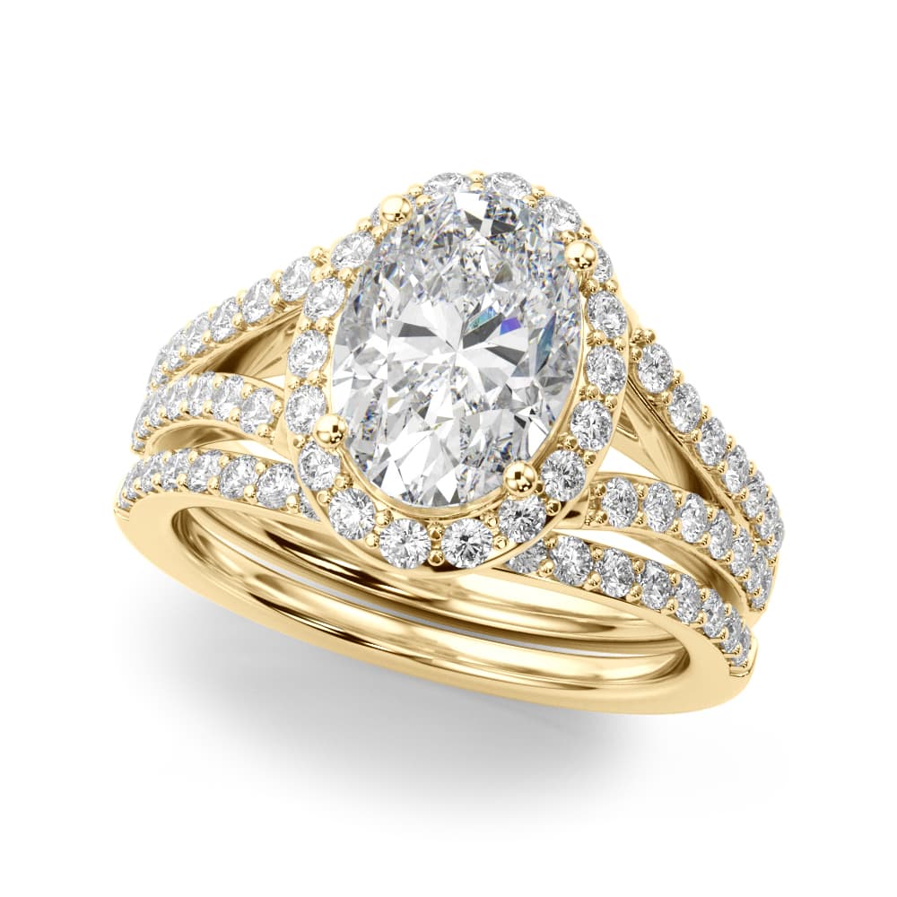 Split Shank Oval Halo Engagement Ring, style 51290, On hand view in yellow gold