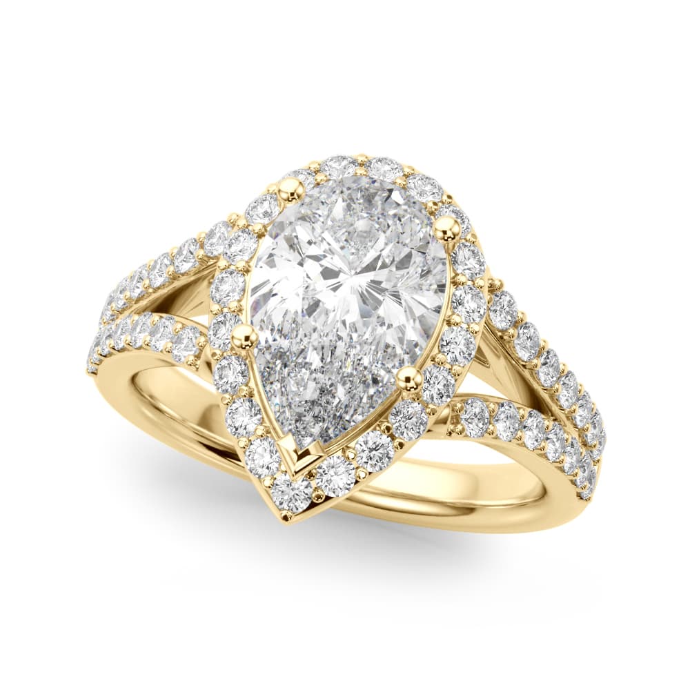 Split Shank Pear Halo Engagement Ring, style 51291, Front view in yellow gold