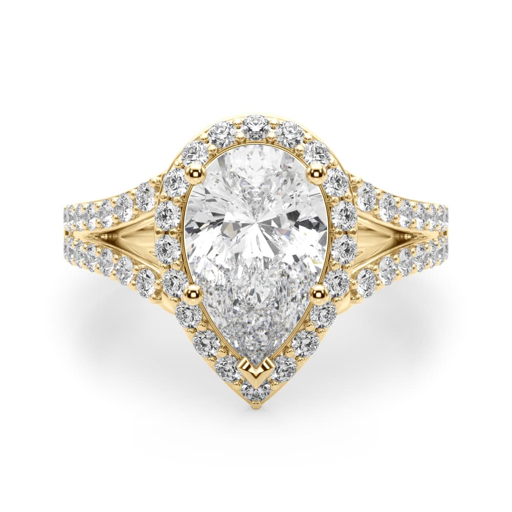 Split Shank Pear Halo Engagement Ring, style 51291, Angle view in yellow gold