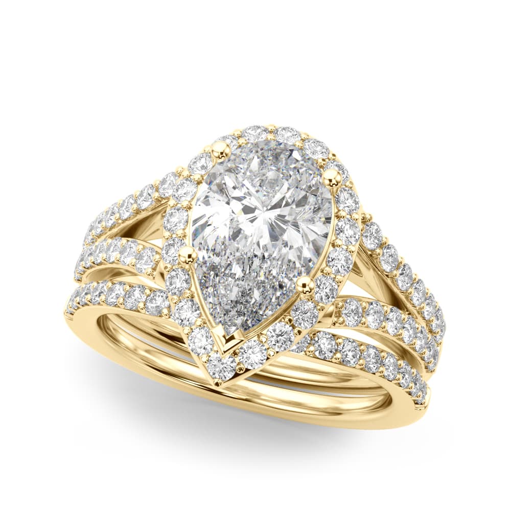 Split Shank Pear Halo Engagement Ring, style 51291, On hand view in yellow gold