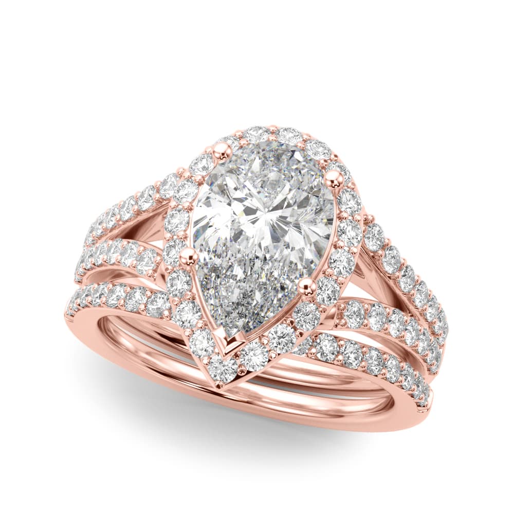 Split Shank Pear Halo Engagement Ring, style 51291, On hand view in rose gold