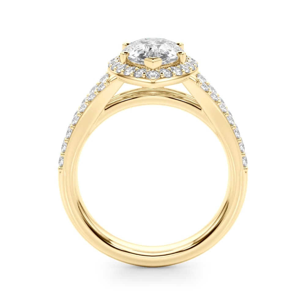 Split Shank Pear Halo Engagement Ring, style 51291, Side view in yellow gold