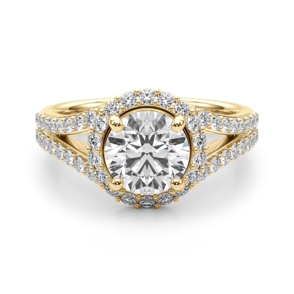 Split Shank Round Halo Engagement Ring, style 51292, Angle view in yellow gold