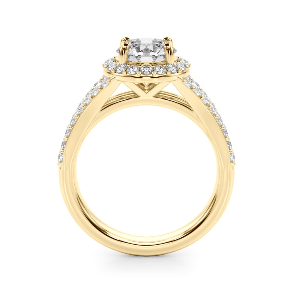 Split Shank Round Halo Engagement Ring, style 51292, Side view in yellow gold