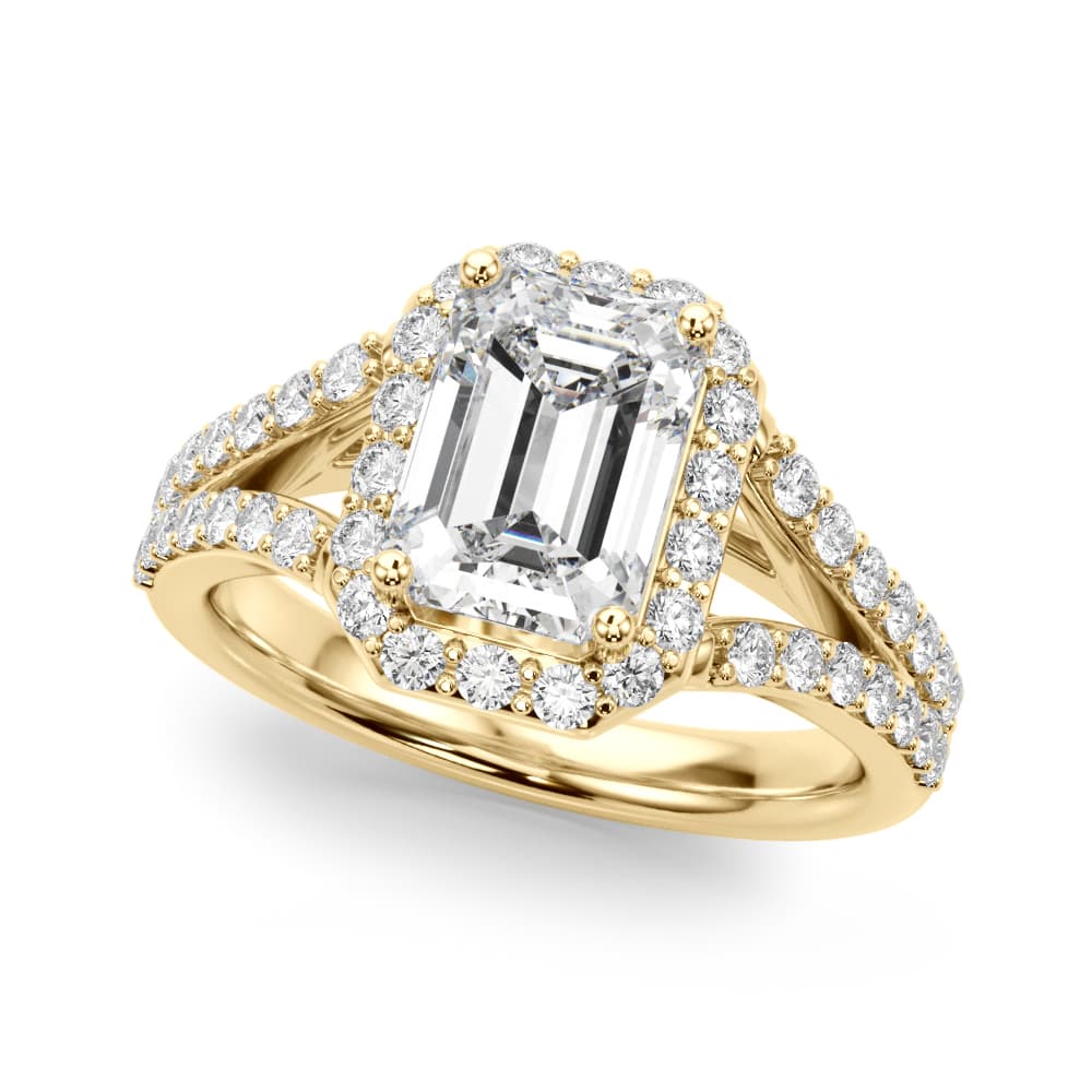 Split Shank Emerald Cut Halo Engagement Ring, style 51293, Front view in yellow gold