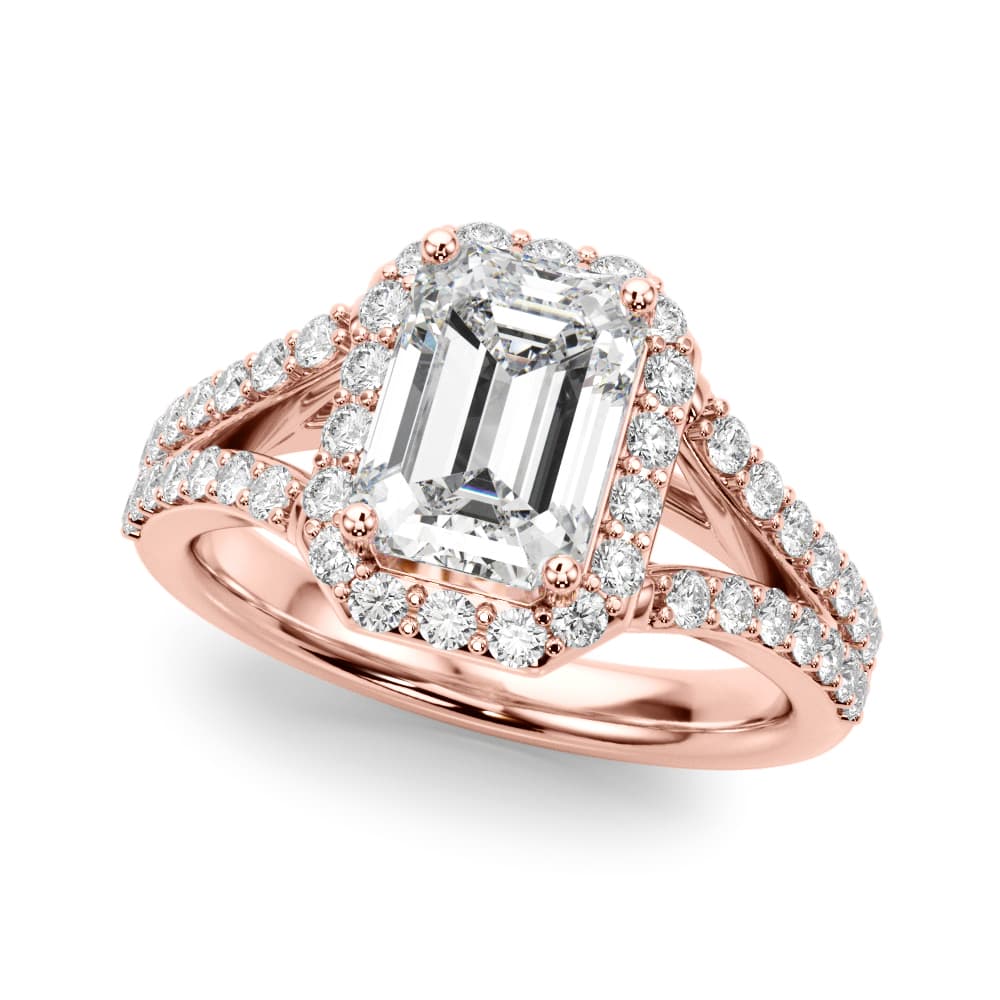 Split Shank Emerald Cut Halo Engagement Ring, style 51293, Front view in rose gold