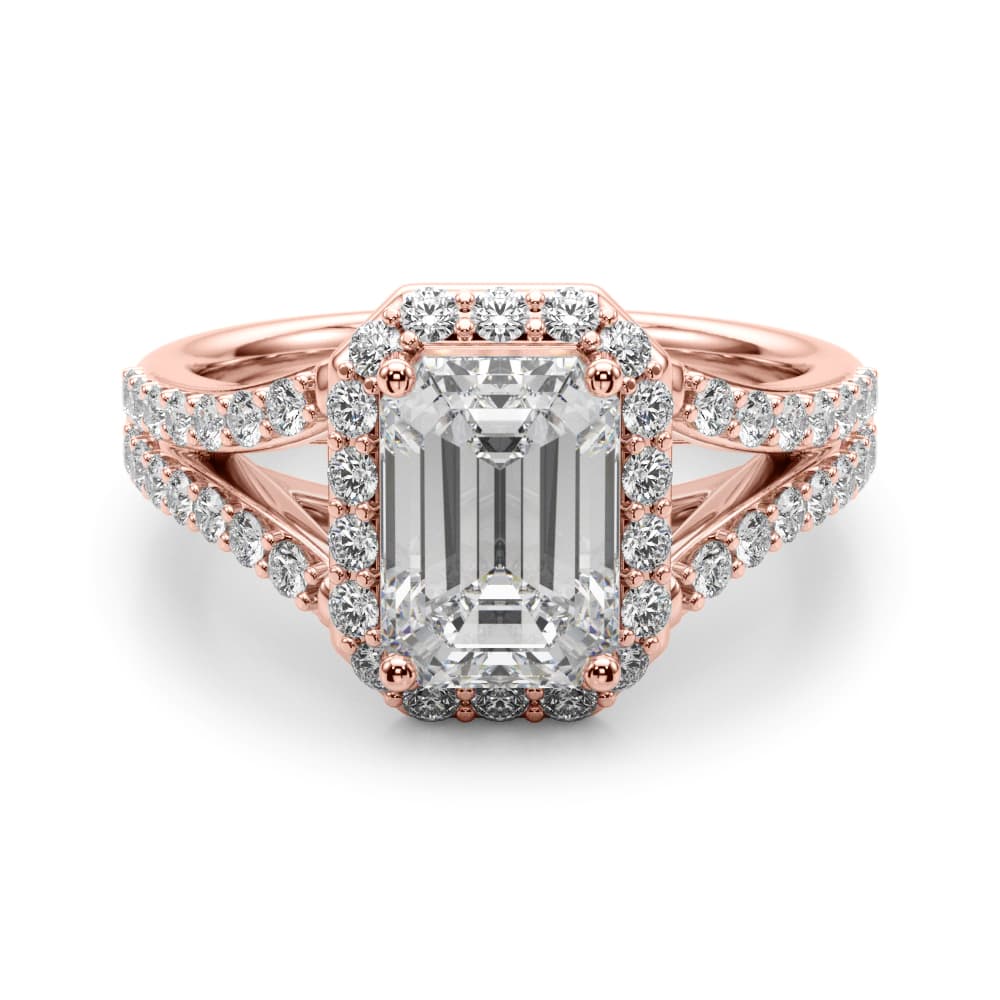 Split Shank Emerald Cut Halo Engagement Ring, style 51293, Angle view in rose gold