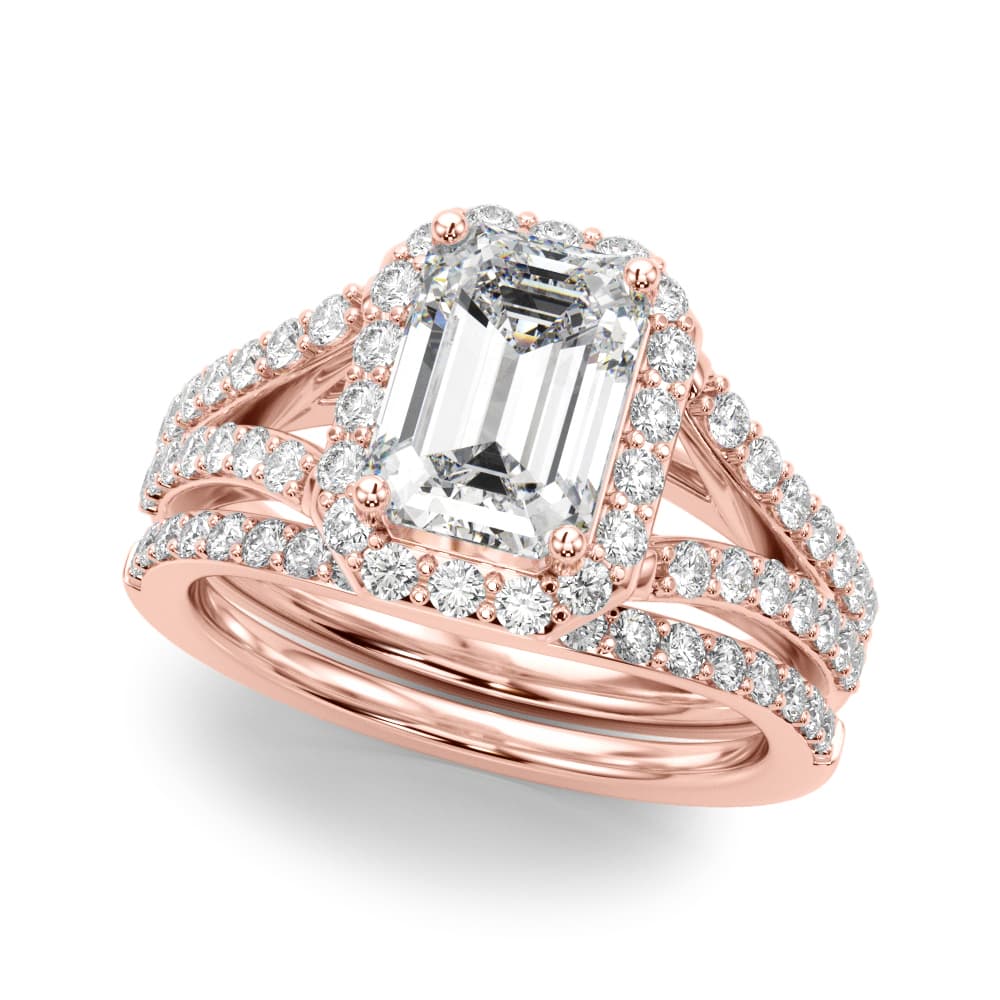 Split Shank Emerald Cut Halo Engagement Ring, style 51293, On hand view in rose gold