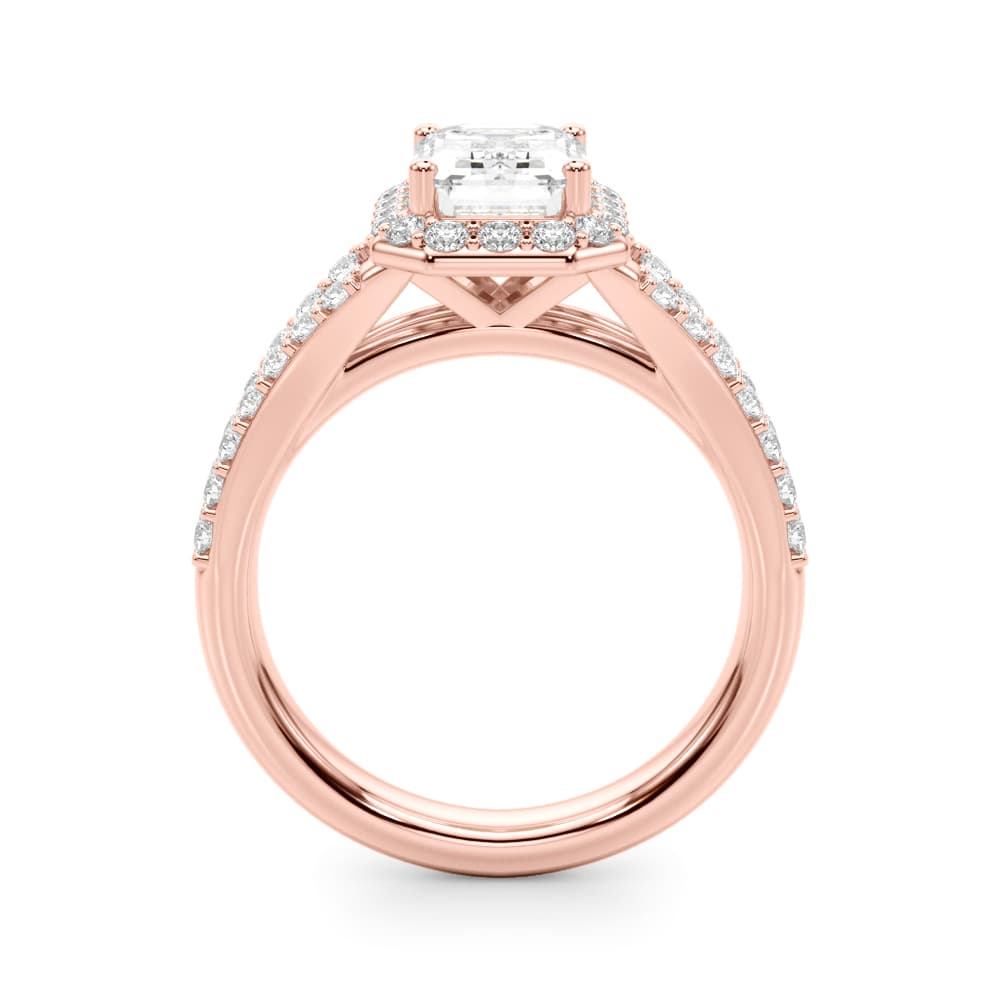 Split Shank Emerald Cut Halo Engagement Ring, style 51293, Side view in rose gold