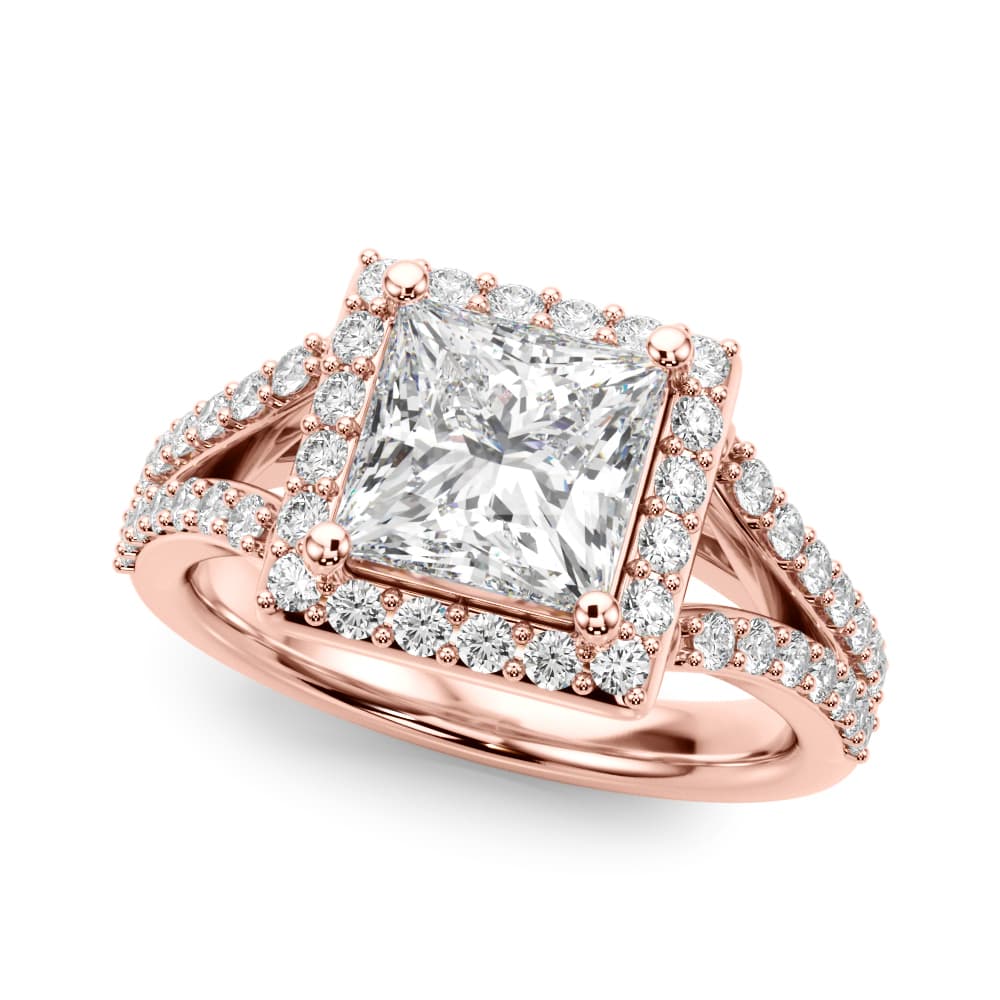 Split Shank Princess Cut Halo Engagement Ring, style 51294, Front view in rose gold
