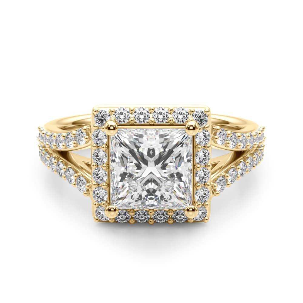 Split Shank Princess Cut Halo Engagement Ring, style 51294, Angle view in yellow gold
