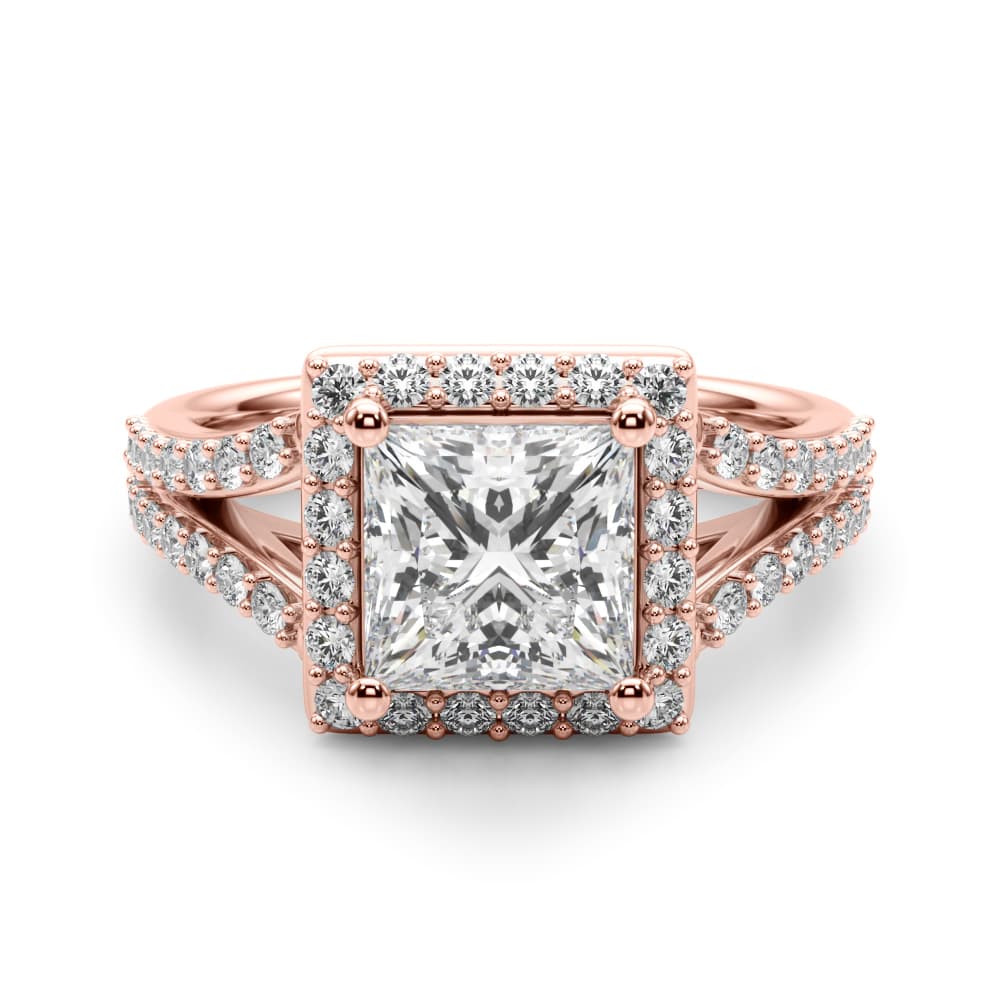 Split Shank Princess Cut Halo Engagement Ring, style 51294, Angle view in rose gold