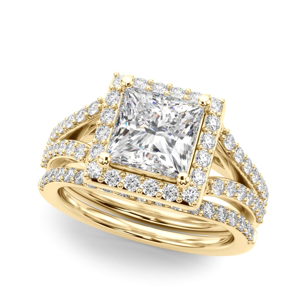 Split Shank Princess Cut Halo Engagement Ring, style 51294, On hand view in yellow gold