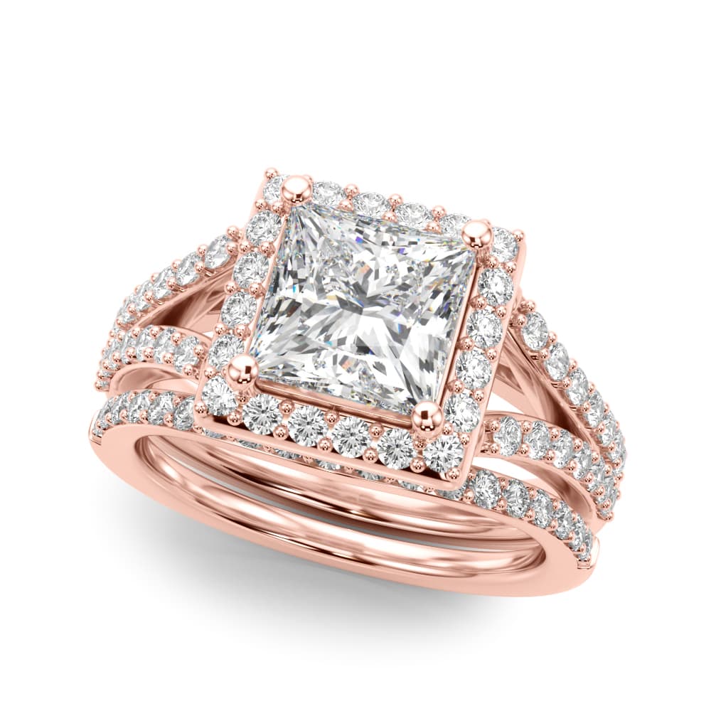 Split Shank Princess Cut Halo Engagement Ring, style 51294, On hand view in rose gold
