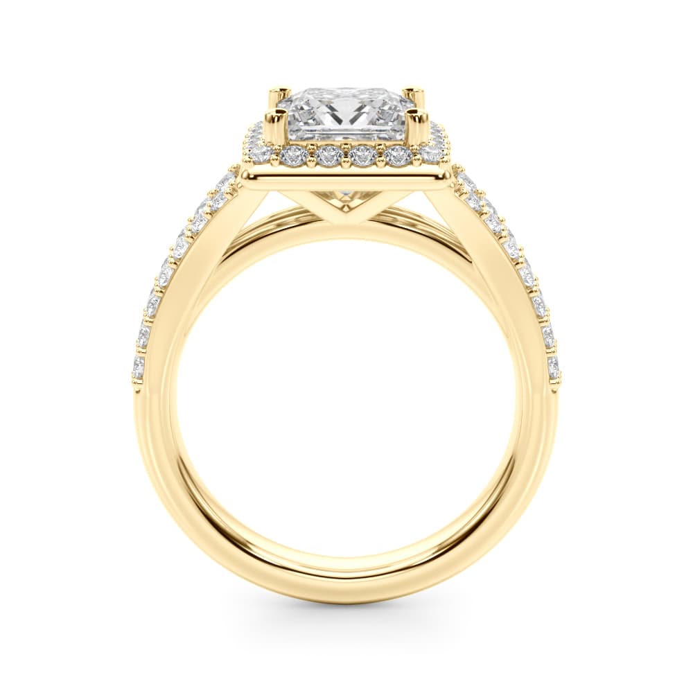 Split Shank Princess Cut Halo Engagement Ring, style 51294, Side view in yellow gold