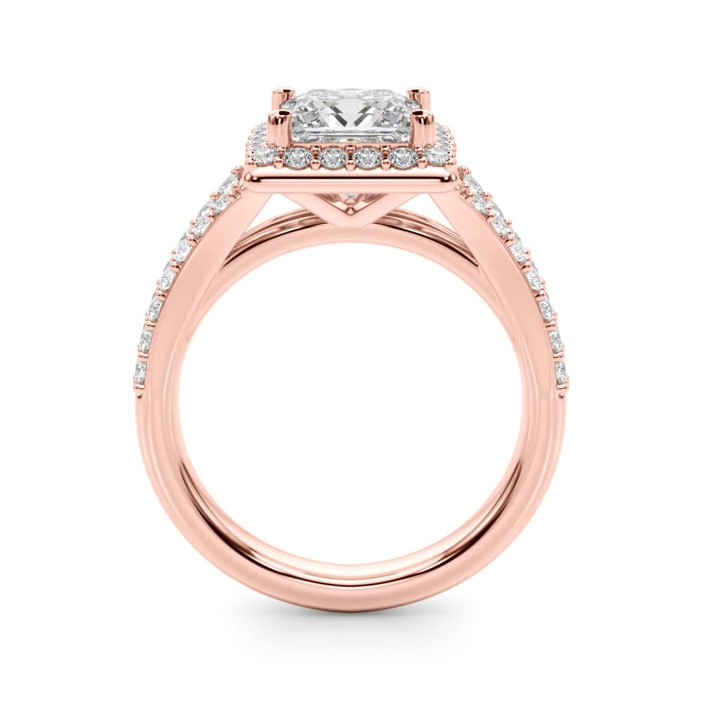 Split Shank Princess Cut Halo Engagement Ring, style 51294, Side view in rose gold