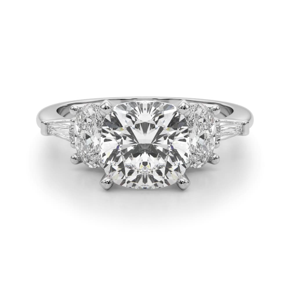 Tapered Baguette & Oval Accented Engagement Ring, style 51301, Angle view in white gold or platinum