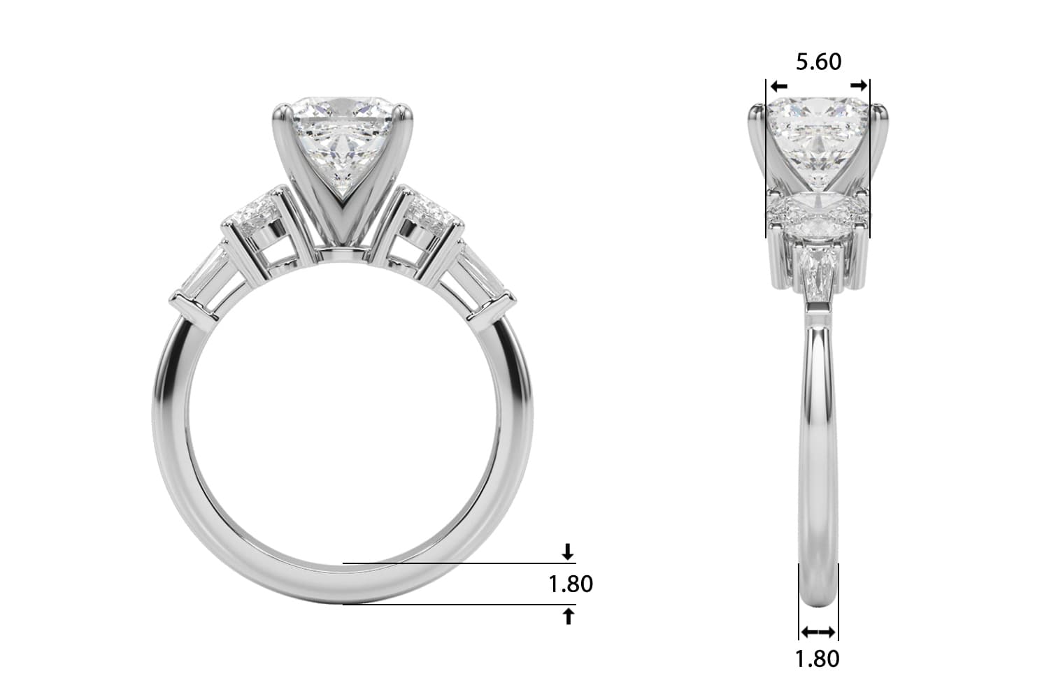 Tapered Baguette & Oval Accented Engagement Ring, style 51301, Top view in white gold or platinum