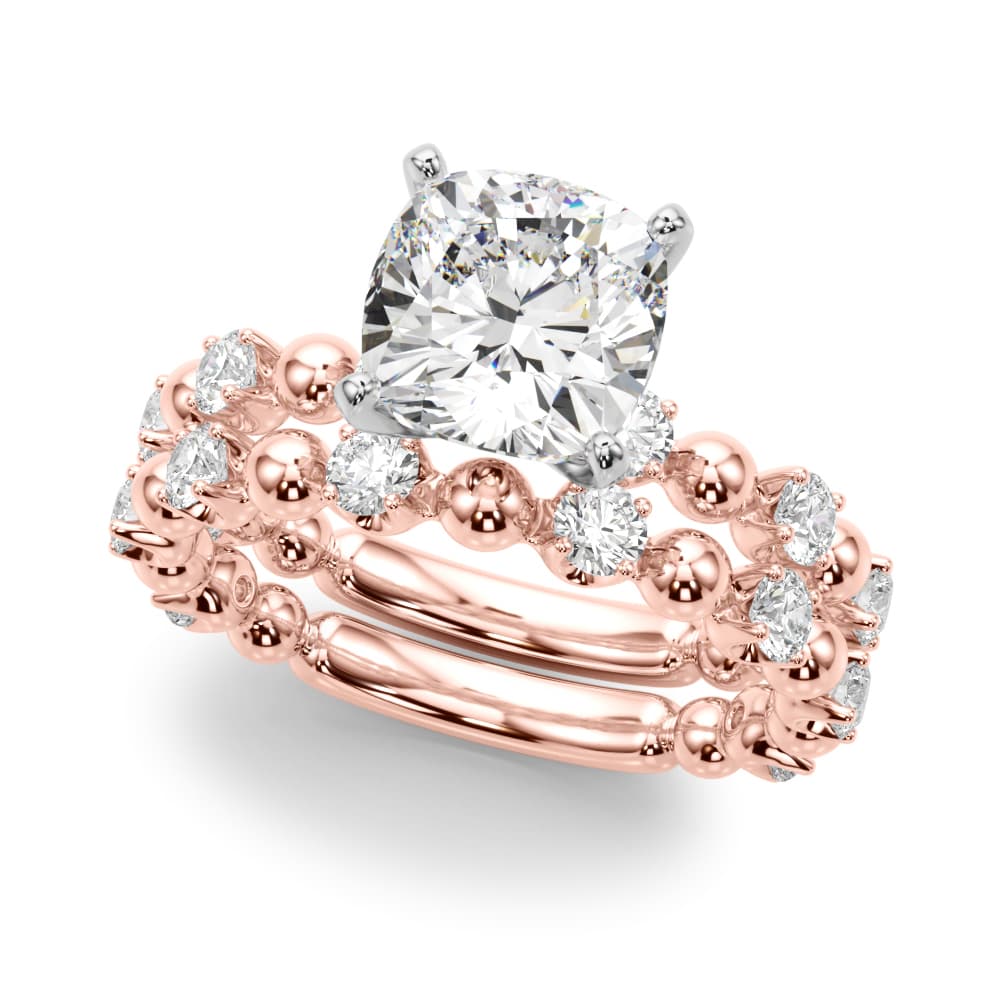 Alternating Bead & Diamond Engagement Ring, style 51309, On hand view in rose gold