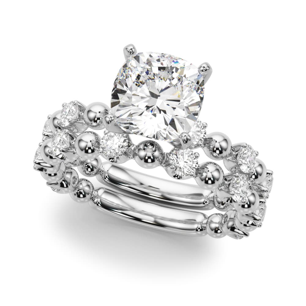 Alternating Bead & Diamond Engagement Ring, style 51309, On hand view in white gold or platinum