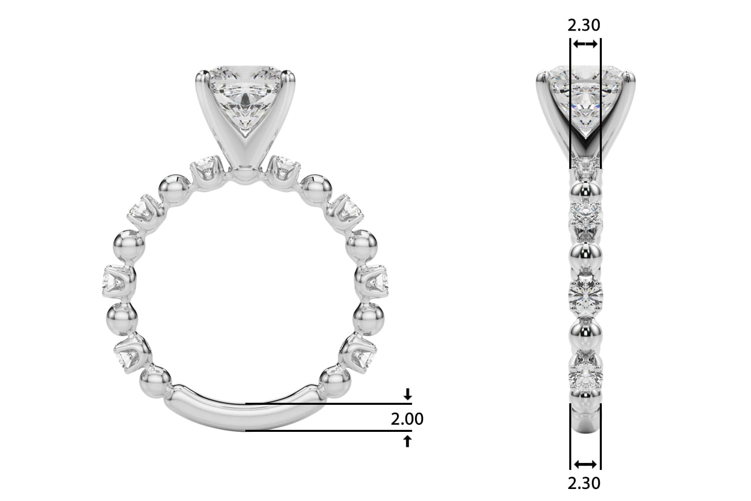 Alternating Bead & Diamond Engagement Ring, style 51309, Top view in white gold or platinum