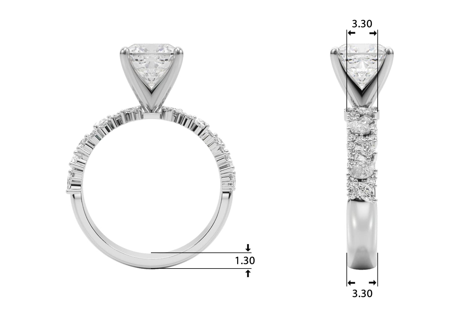 Mixed Shape Engagement Ring, style 51311, Top view in white gold or platinum