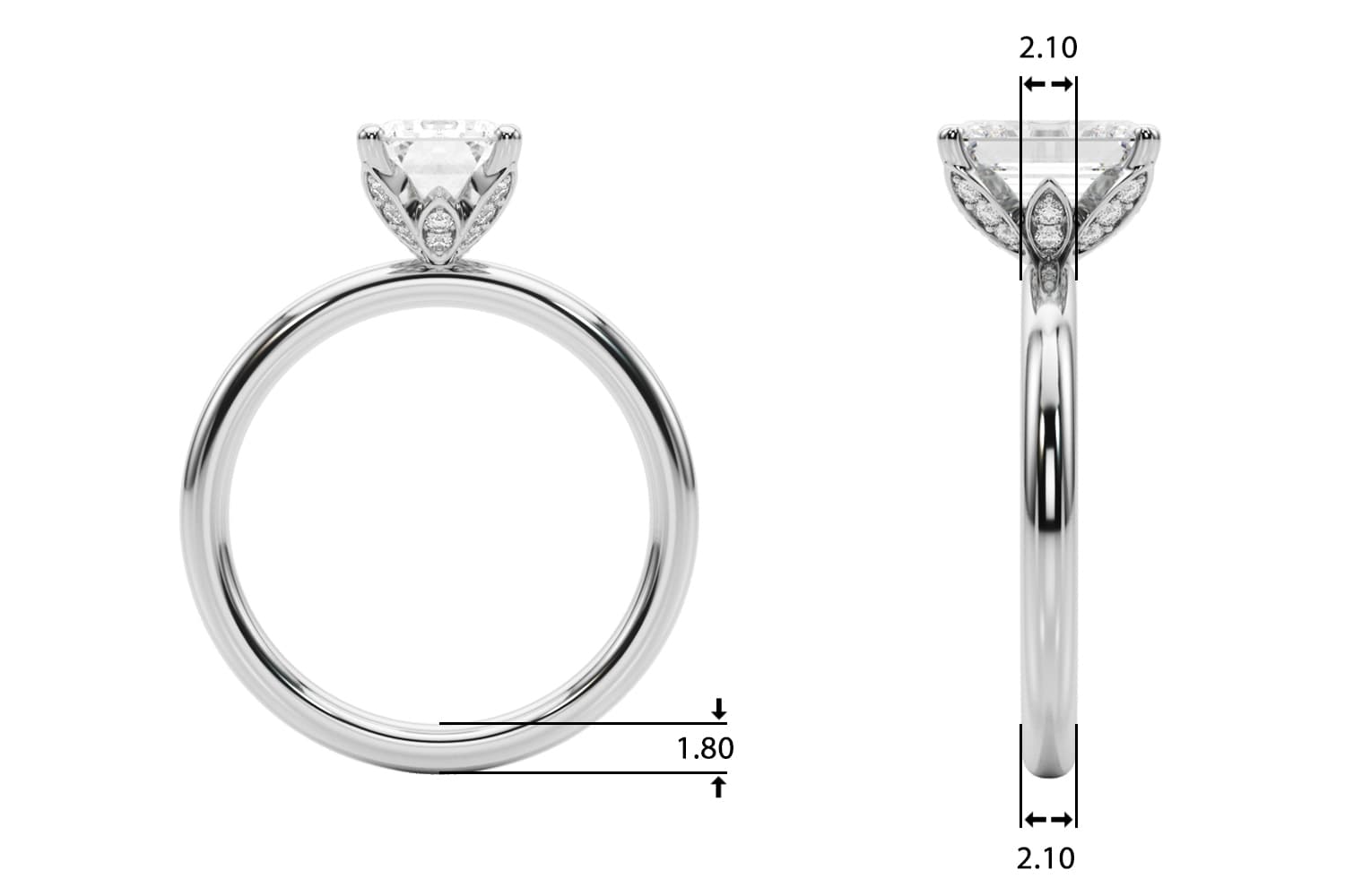 Floral Emerald Cut Engagement Ring, style 51318, Top view in white gold or platinum