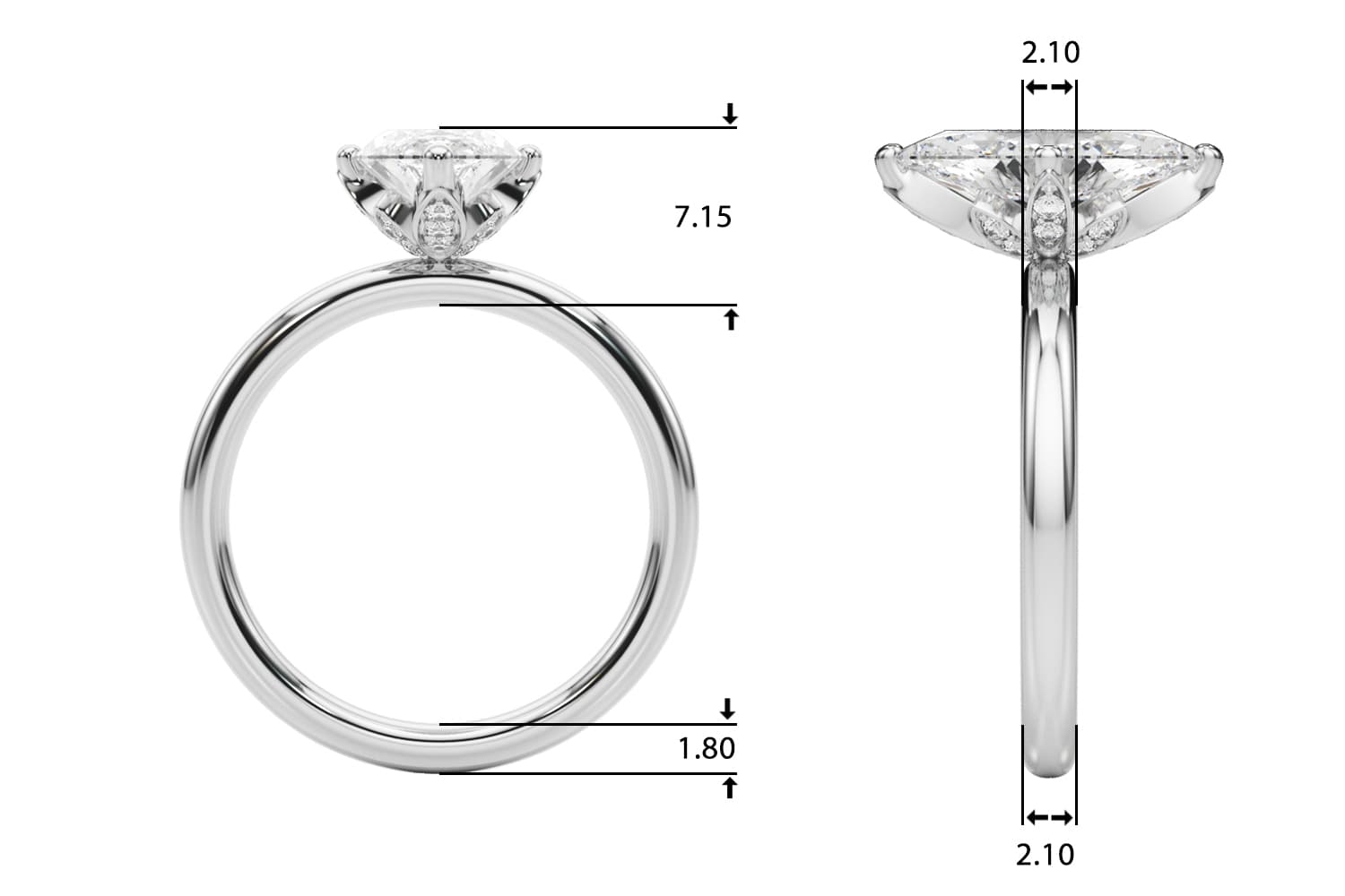 Floral Marquise Engagement Ring, style 51320, Top view in white gold or platinum