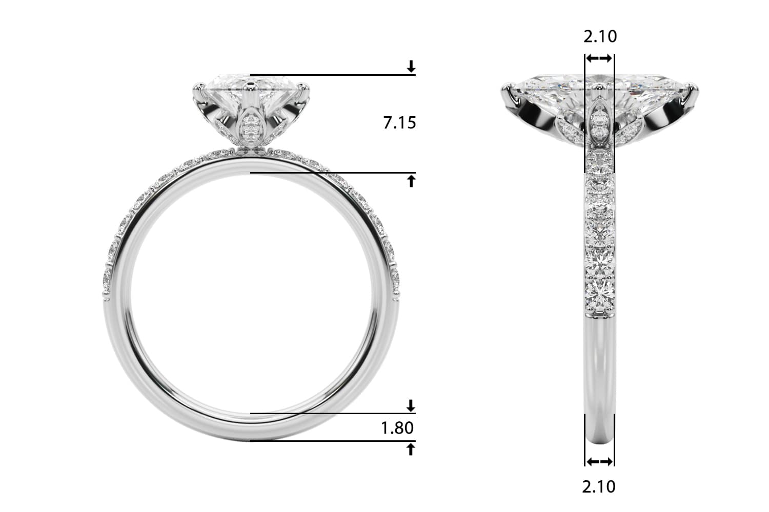 Floral Marquise Engagement Ring, style 51321, Top view in white gold or platinum