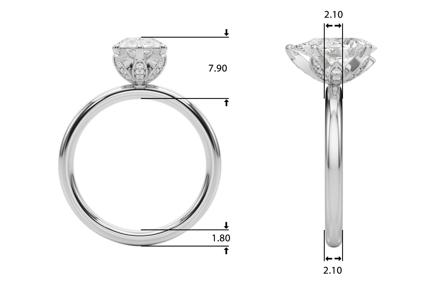 Floral Inspired Pear Engagement Ring, style 51324, Top view in white gold or platinum