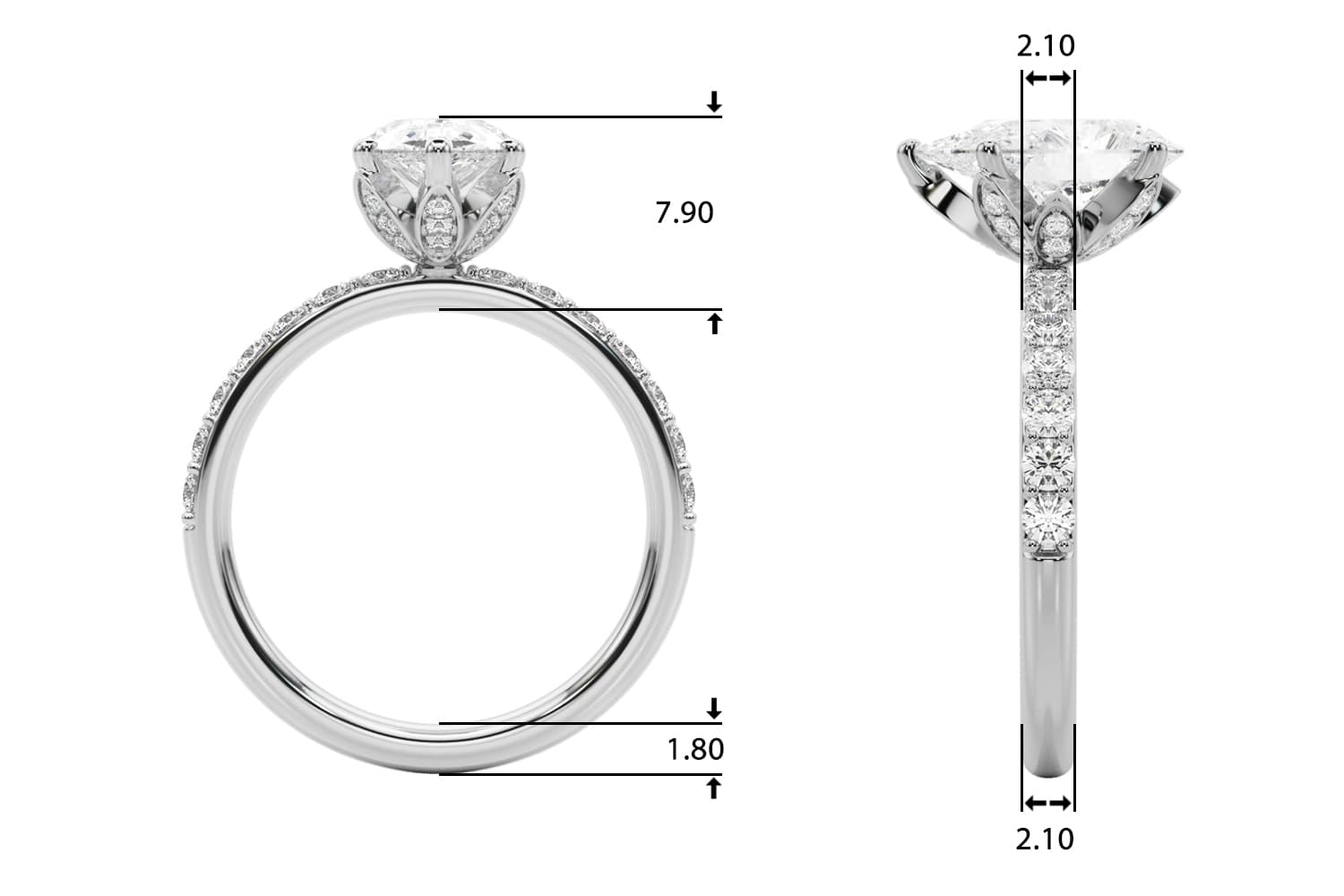 Floral Inspired Pear Engagement Ring, style 51325, Top view in white gold or platinum